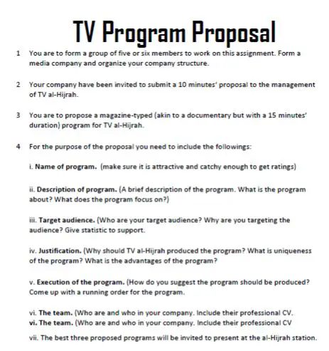 TV Program Proposal Sample, How To Write a TV Program Proposal. TV Program Proposal: How To Write a Proposal For Television Program.