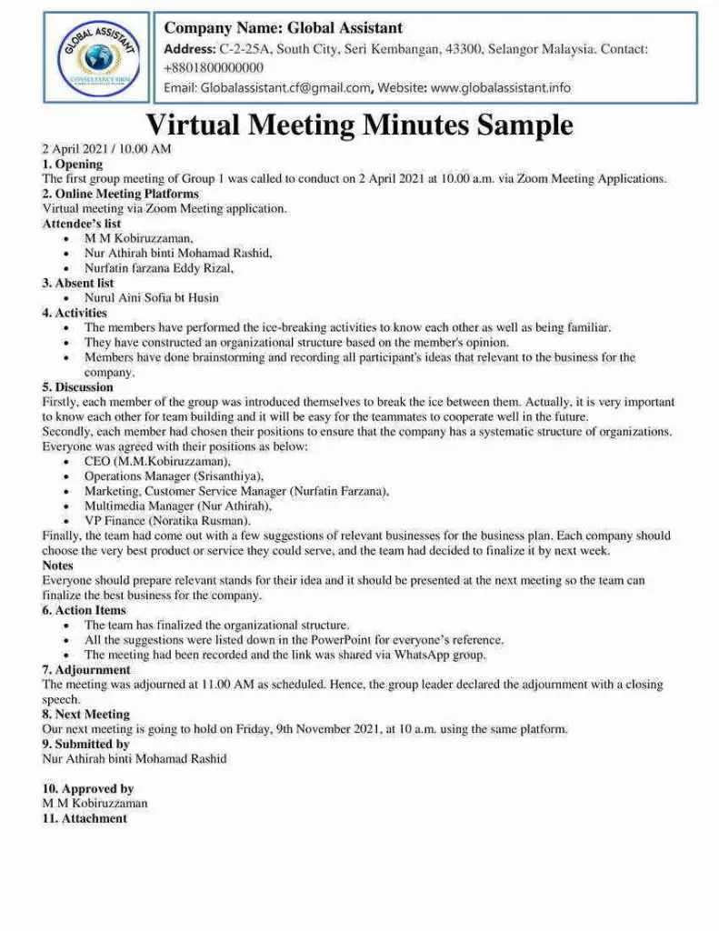 preparing minutes of a meeting sample