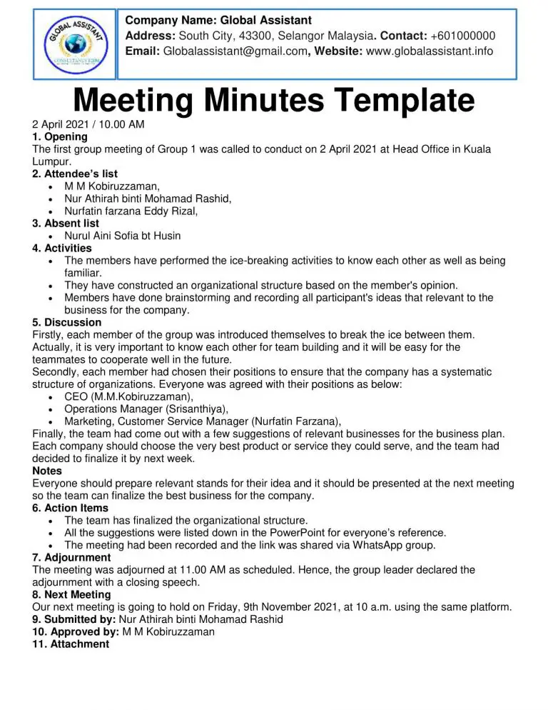 Minutes of Meeting Example Elements and Importance