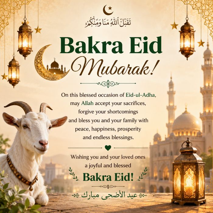 Bakra Eid Mubarak! Wishing you and your family a joyful celebration filled with faith, love, and togetherness. May Allah shower His endless mercy upon you. Bakra Eid Mubarak! Wishing you and your family a joyful celebration filled with faith, love, and togetherness. May Allah shower His endless mercy upon you.