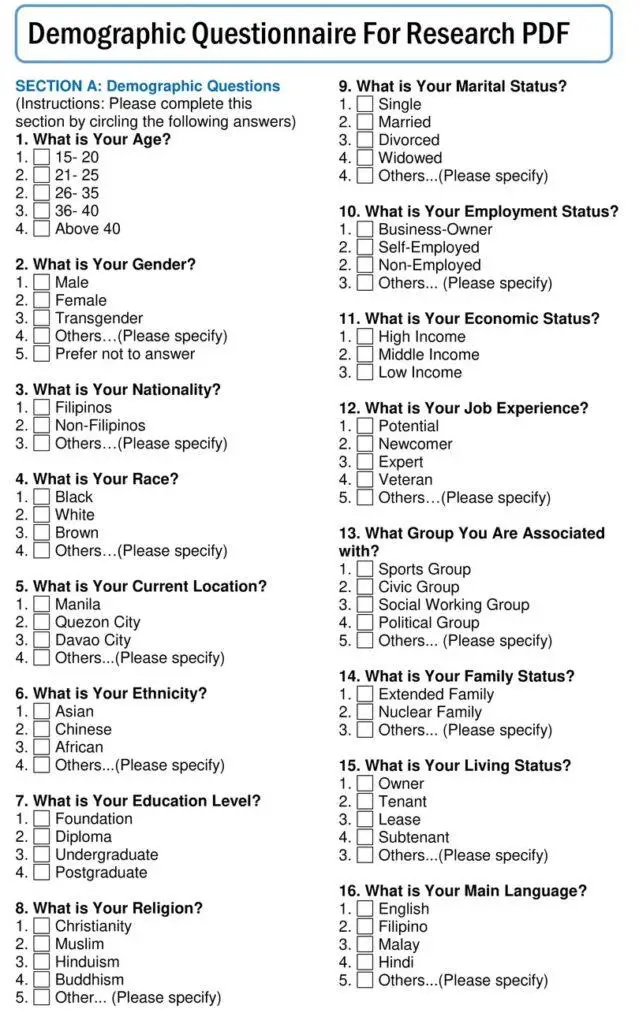 Demographic Questionnaire For Research PDF. Sample Demographics Questionnaire for Students. Demographic Questionnaire For Research DOC.
