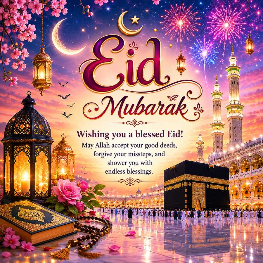 Eid Mubarak Wishes Eid Mubarak Wish Image with Makkah Photo