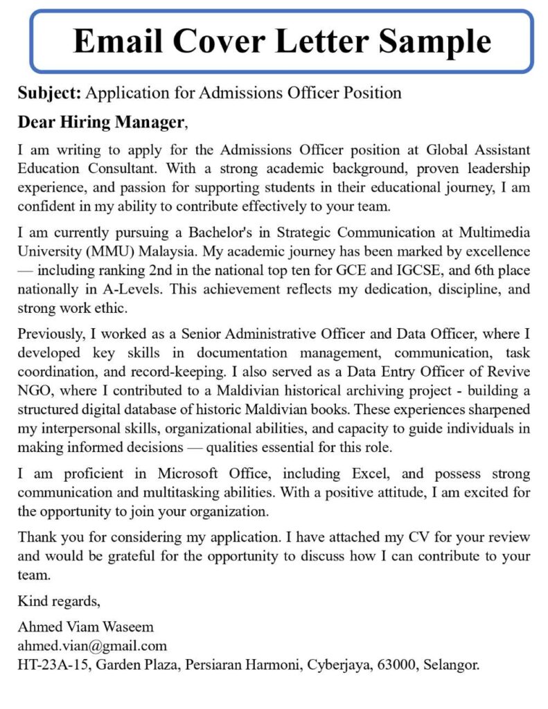 Email cover letter Sample For Job Application With Attachment
