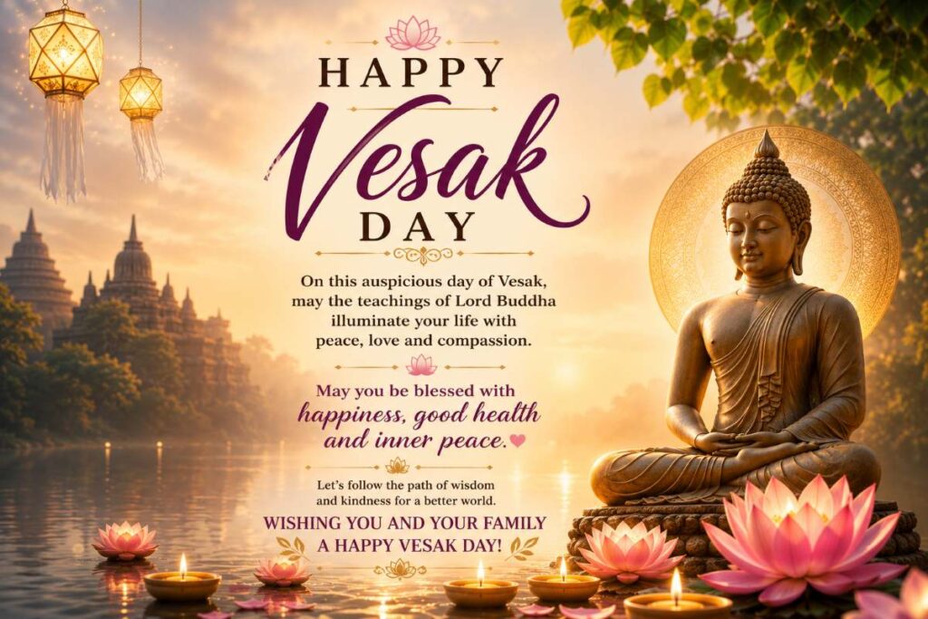 Happy Vesak or Wesak Day Wish Natural background with statue Happy Vesak or Wesak Day